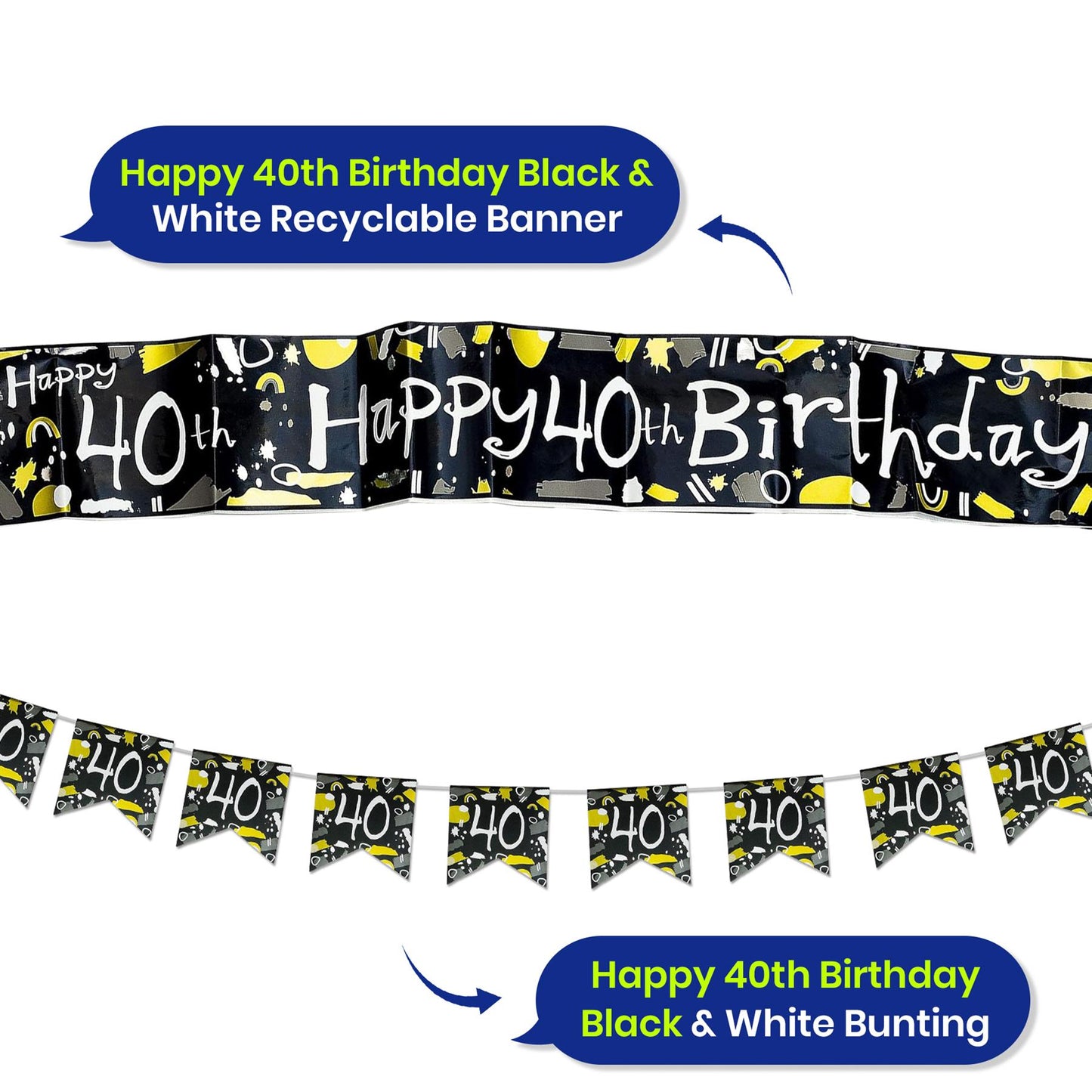 Black and White 40th Birthday Banner and Bunting Decor Set for Party Spaces
