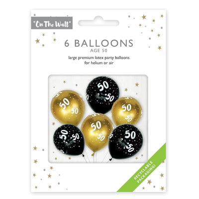 Age 50 Black and Gold 12-inch Latex Balloons - 6 pack