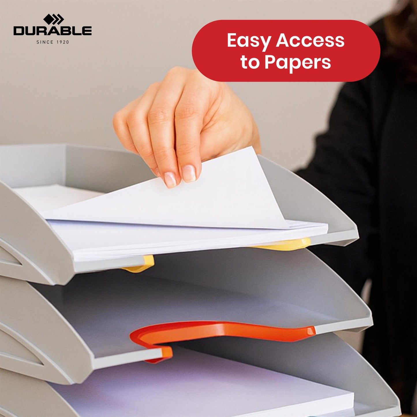 Durable VARICOLOR Letter Trays - 5 ABS Paper Organiser, Colour Grip Handles A4 Paper Trays for Desk