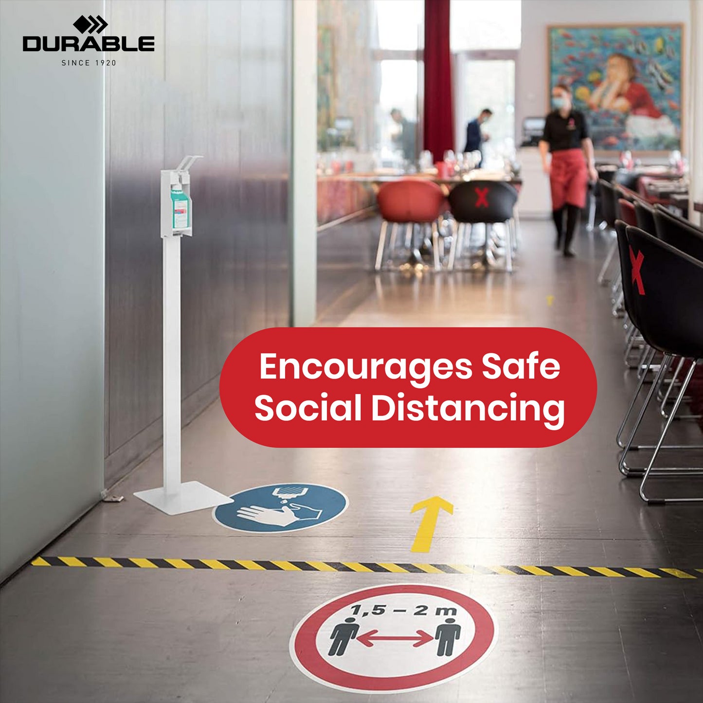 Durable Red Floor Sticker - 43cm Self-Adhesive ‘Keep Your Distance’ 1.5–2m Safety Decal for Shops
