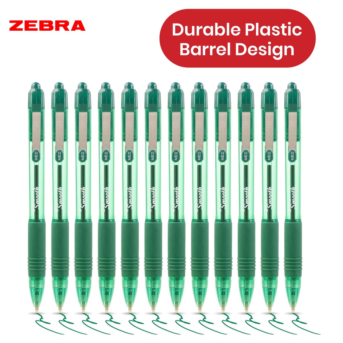 Zebra Smooth Ballpoint Pen Green Z Grip Retractable Pen 1.0mm Medium Point Biro for School Office (Pack of 12)