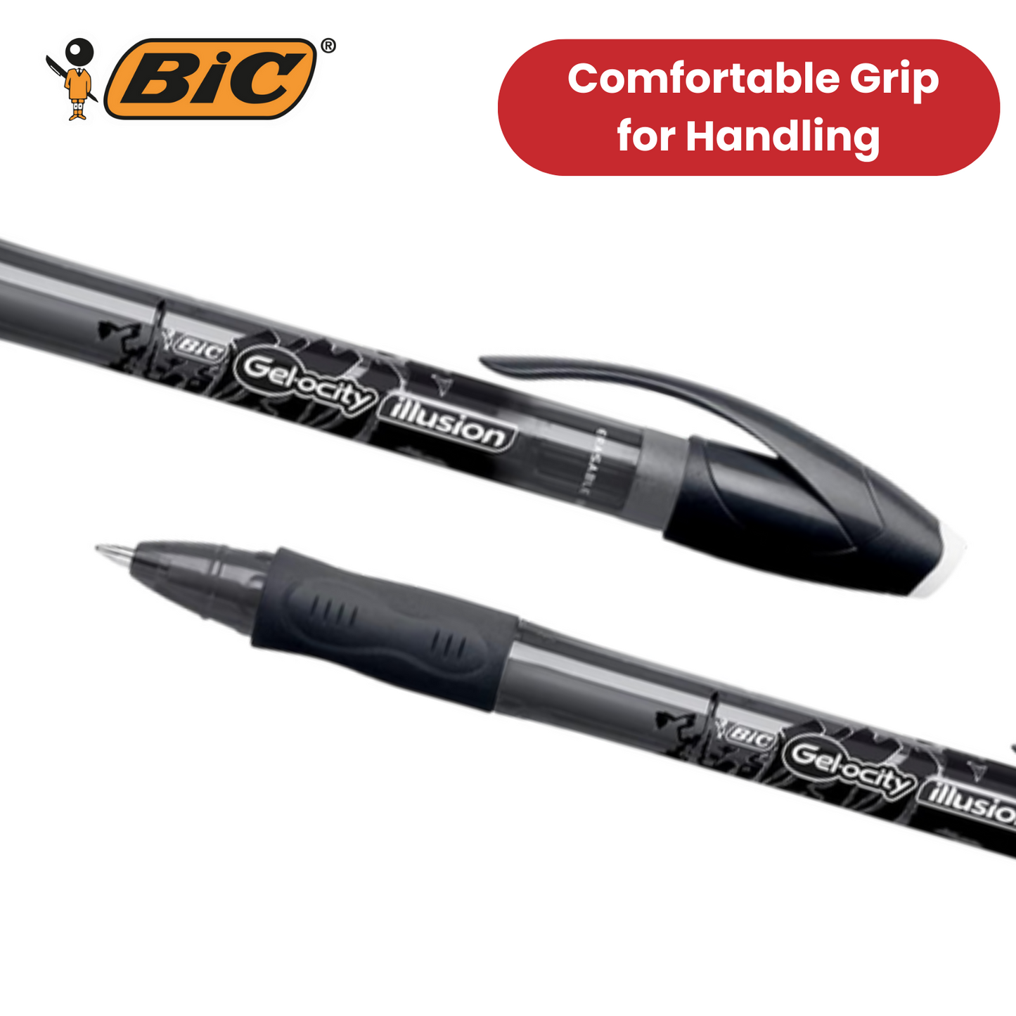 BIC Gel-Ocity Illusion 0.7mm Erasable Gel Pens Black - Pack of 12 Refillable