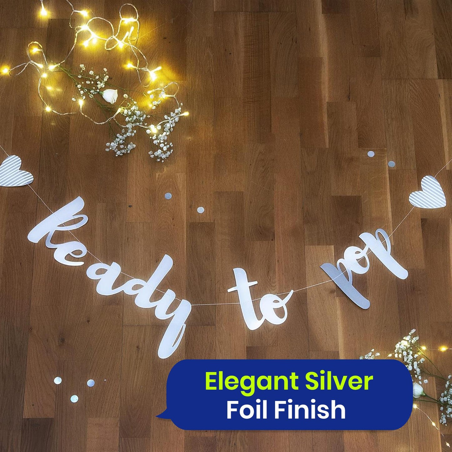 Ready to Pop Baby Shower Banner 1.5m Silver Foil Gender Neutral Baby Bunting Décor