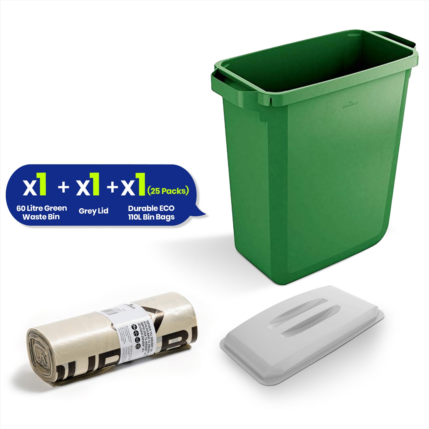 Durable DURABIN 60 Green+ Durable DURABIN Lid Eco Grey for 60 Litre Waste Bin + Durable ECO 110L Bin Bags 100% Recycled
