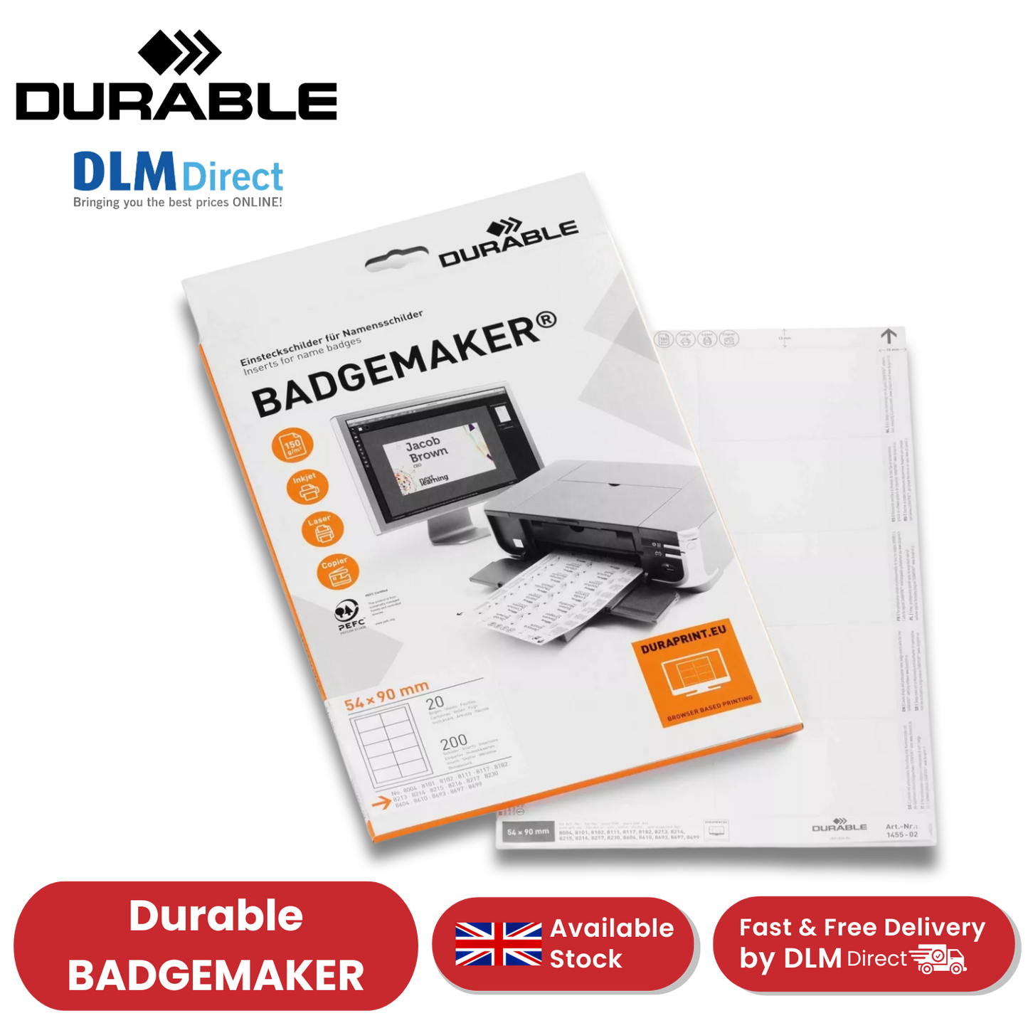 DDurable BADGEMAKER Inserts 54 x 90 mm - Pack of 200 Inserts - White - 1 to 5