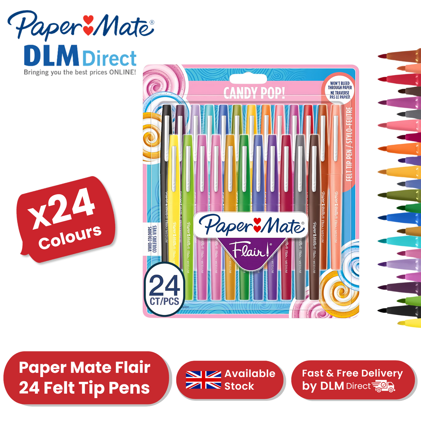 Paper Mate Flair Felt Tip Pens Candy Pop (Pack of 24) - Vibrant Multi Colors Ink