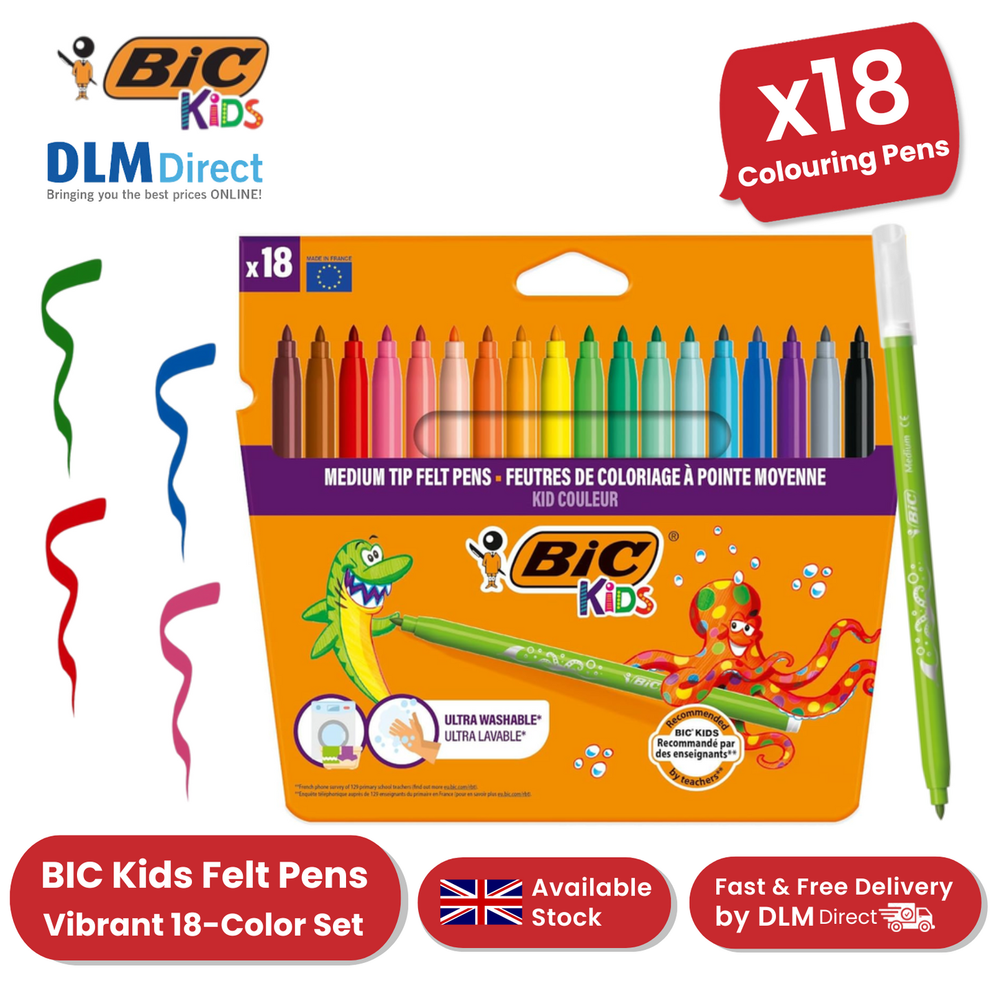 BIC Kids Kid Couleur Colouring Pens Assorted - Pack of 18 - 1 to 5 Packs