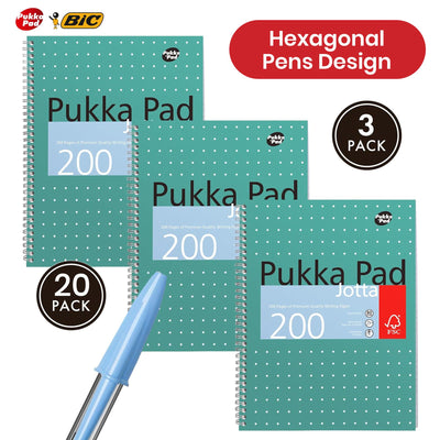 Pukka Pad A4 Jotta Book 3 Pack with BIC Cristal Fun Turquoise Pens 20 Pack 1.6mm