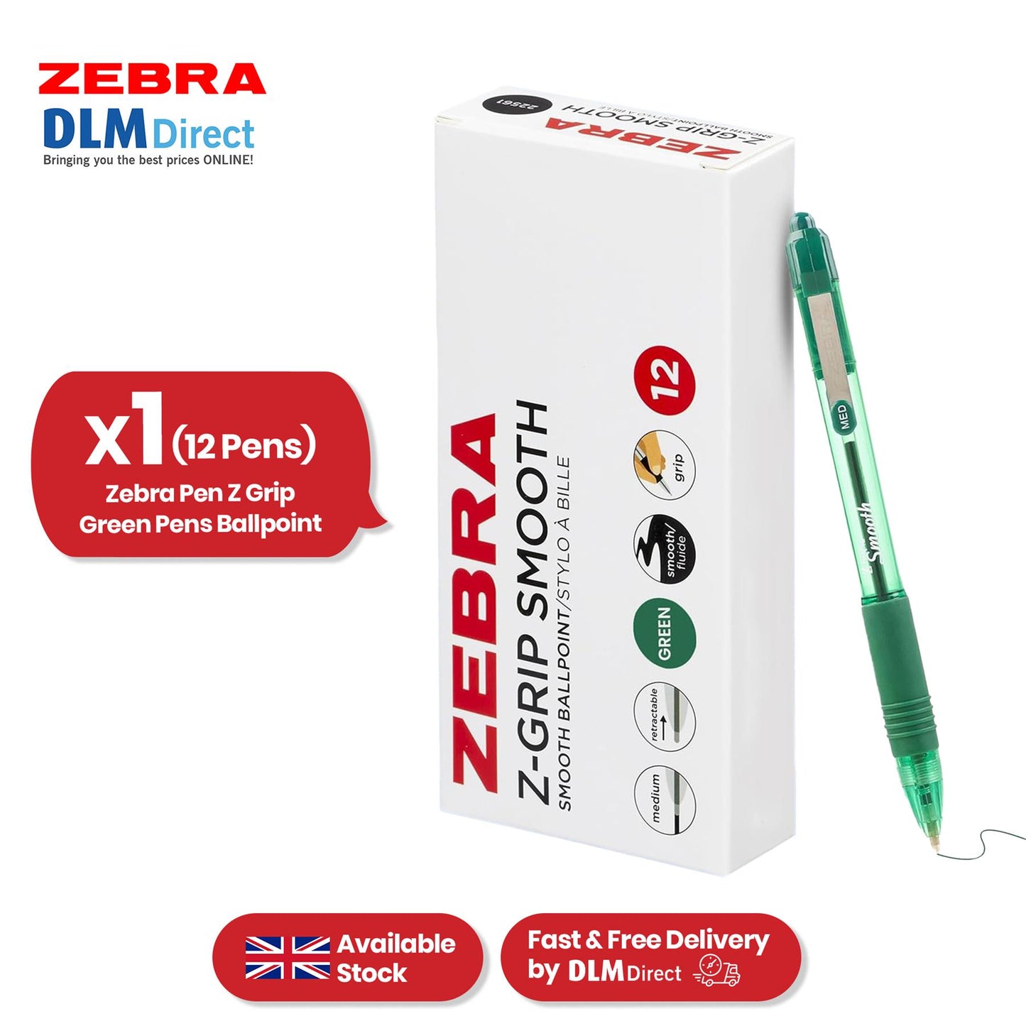 Zebra Smooth Ballpoint Pen Green Z Grip Retractable Pen 1.0mm Medium Point Biro for School Office (Pack of 12)
