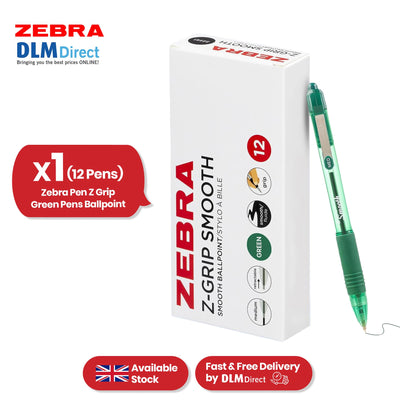Zebra Smooth Ballpoint Pen Green Z Grip Retractable Pen 1.0mm Medium Point Biro for School Office (Pack of 12)