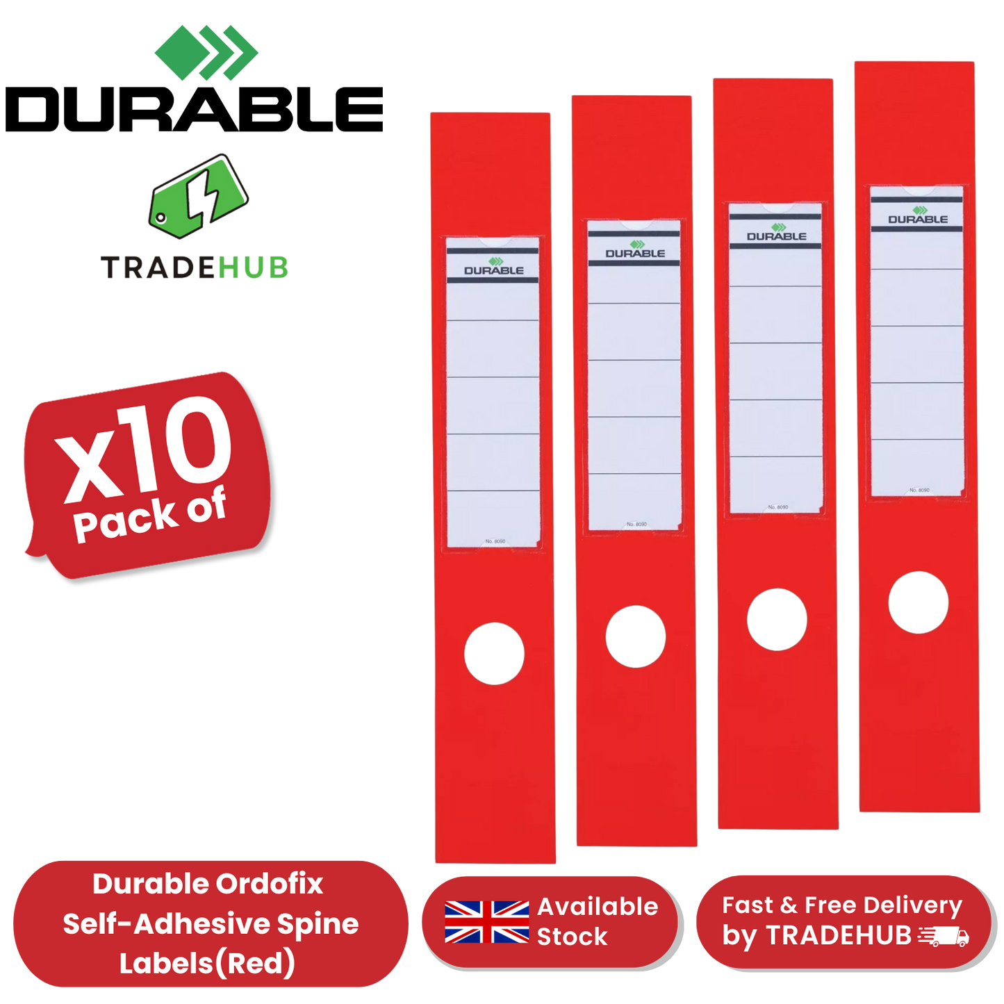 Durable Ordofix Self-Adhesive Spine Labels - Red - Pack of 10 - 60 mm Width 1-5