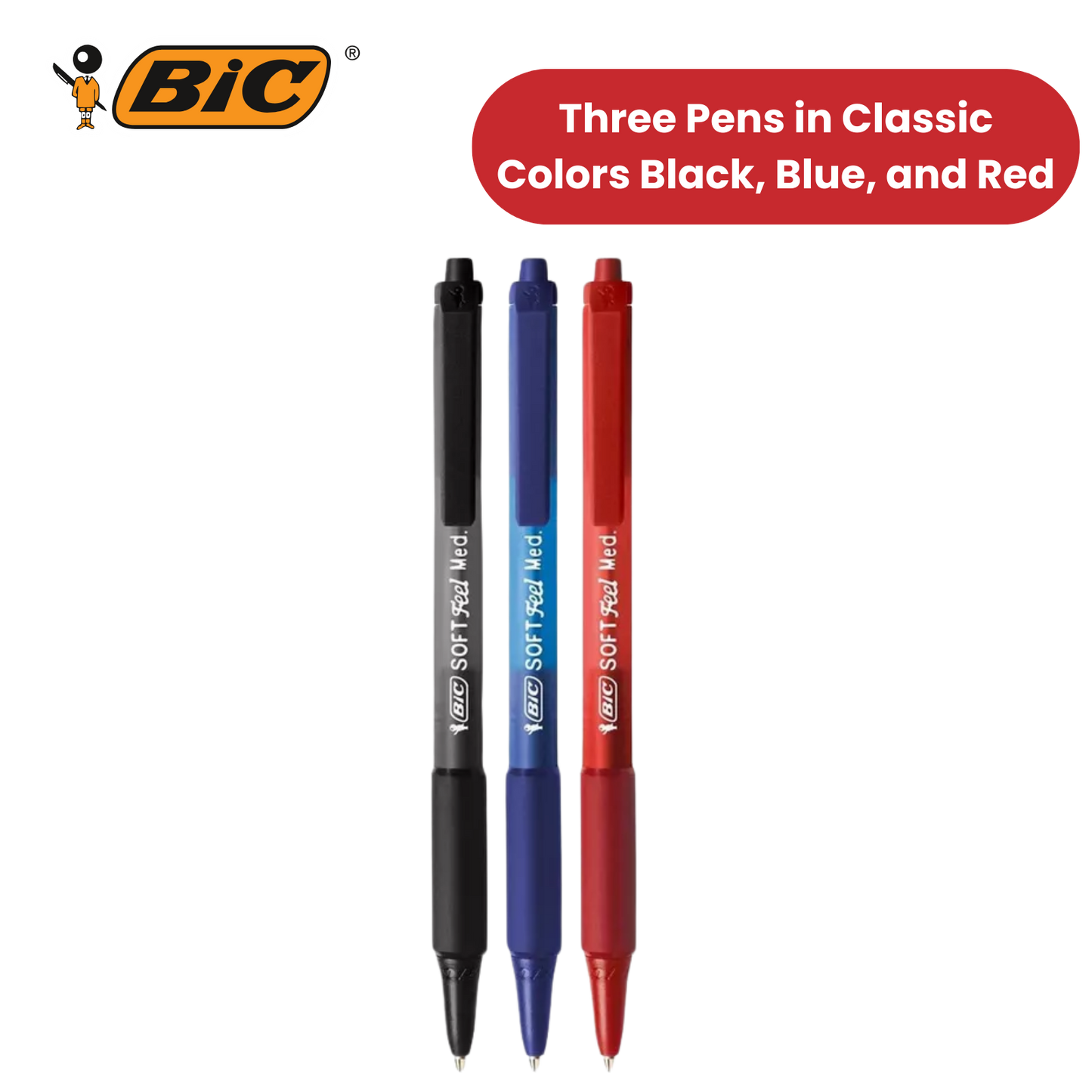 Bic Soft Feel Ballpoint Pens Medium Point (1.0 mm) (Black,Blue,Red), Pack of 3