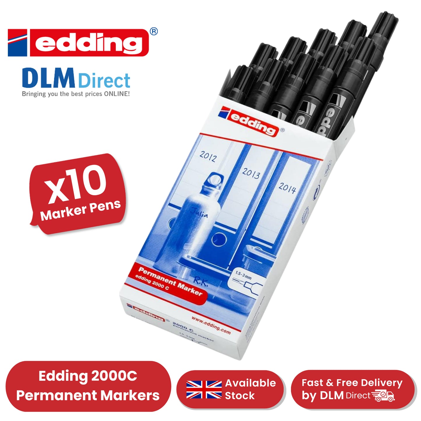 Edding 2000 C Permanent Marker Bullet Tip 1.5-3 mm Line (Black) - 1 x Pack of 10 Permanent Markers