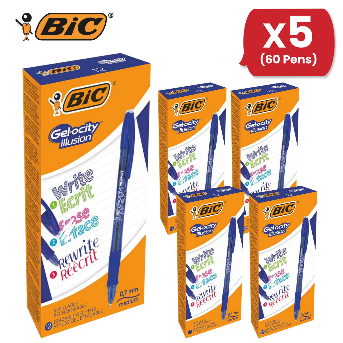 BIC Gel-Ocity Illusion 0.7mm Erasable Gel Pens Blue - Pack of 12 Refillable