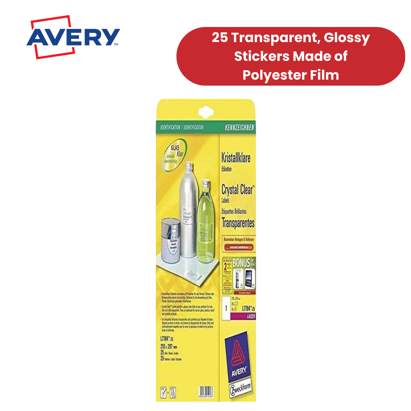 Avery L7784-25 Crystal Clear Labels, 25 per sheet, 210 x 297 mm - 1 to 5