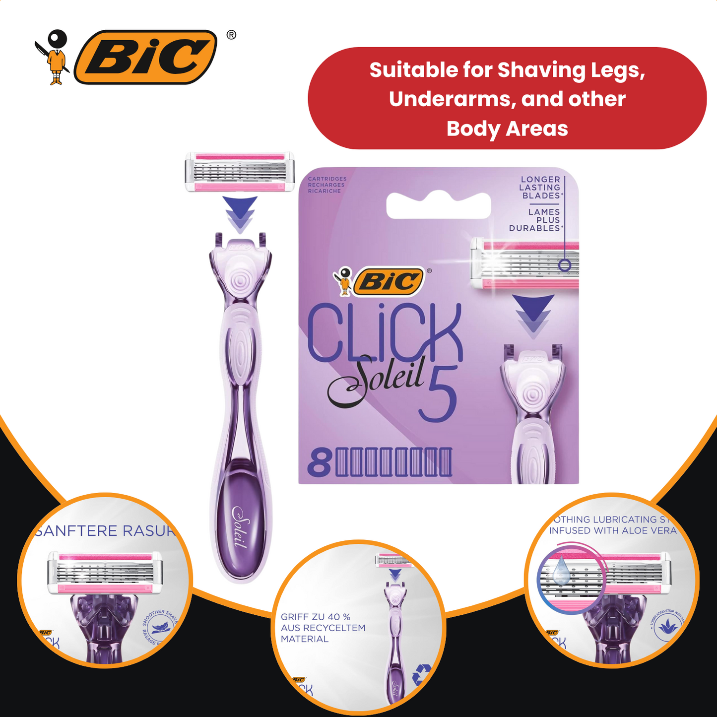BIC Click 5 Soleil Sensitive Razor 8 Refill for Comfort Shave