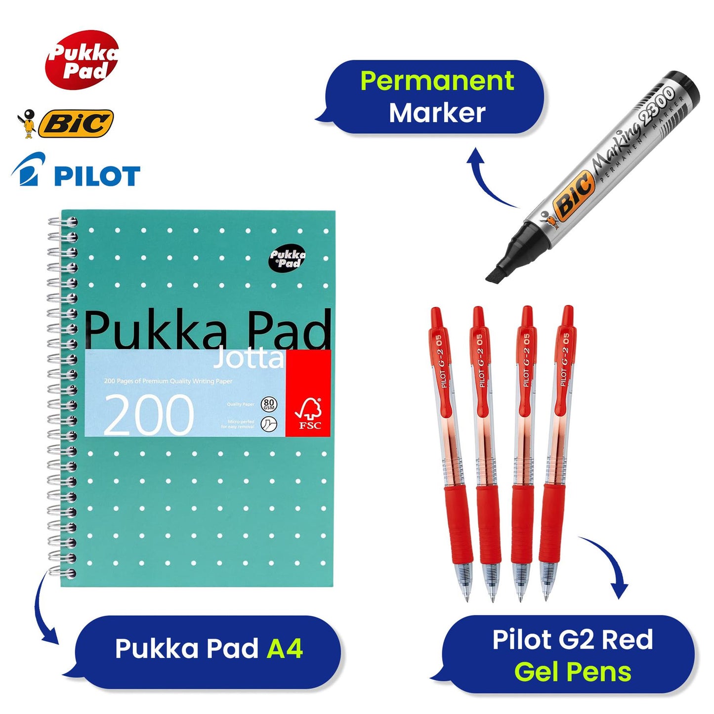 Pukka Pad A4+ Wirebound Jotta Notebook 80GSM 3x, Bic Black Permanent Markers 2x, Pilot G2 Red Pens 4x