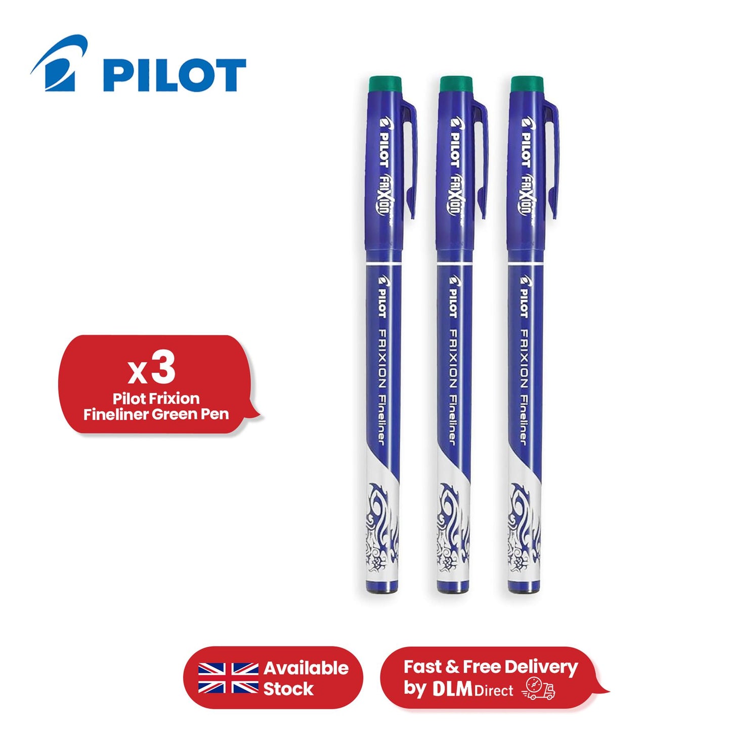 Pilot Frixion Fineliner Pens,  Erasable, 1.3mm Fine Tip, Green, Pack of 3