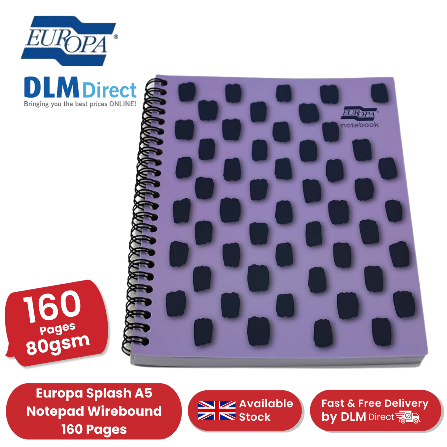 Europa Splash A5 Notepad Wirebound 160 Pages 80gsm FSC Paper Punched Purple