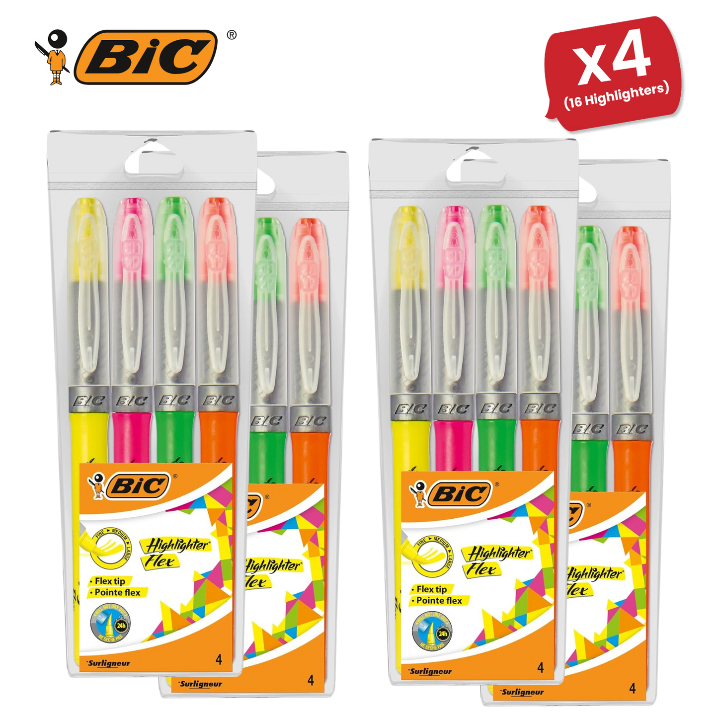 BIC Flex Assorted Fluorescent Highlighters - Pack of 4