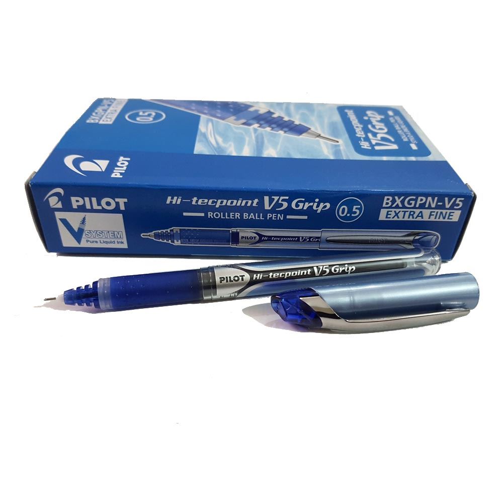 Pilot V5 Rollerball Pen Rubber Grip Needle Point 0.5mm Blue- Pack of 12