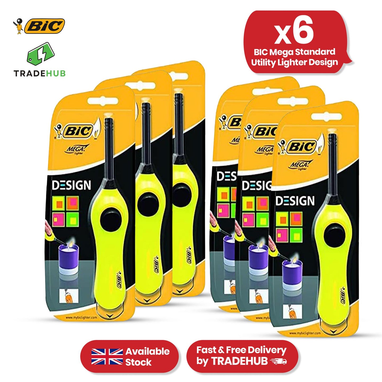 BIC Mega Utility Lighter - Plastic 6cm Wand Cooking Lighter, Push Button Lighters for BBQ
