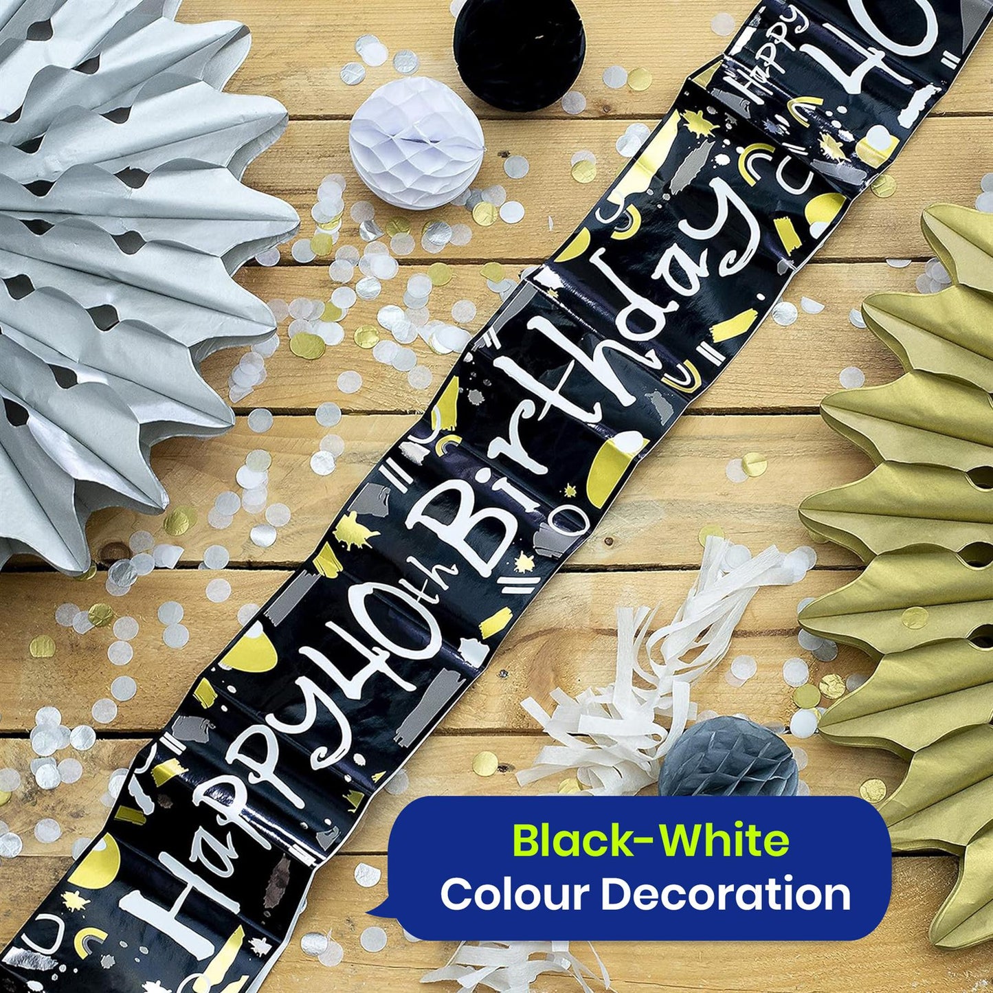 Happy 40th Birthday Black and White Banner 2.6m Party Decor for Milestone Celebration