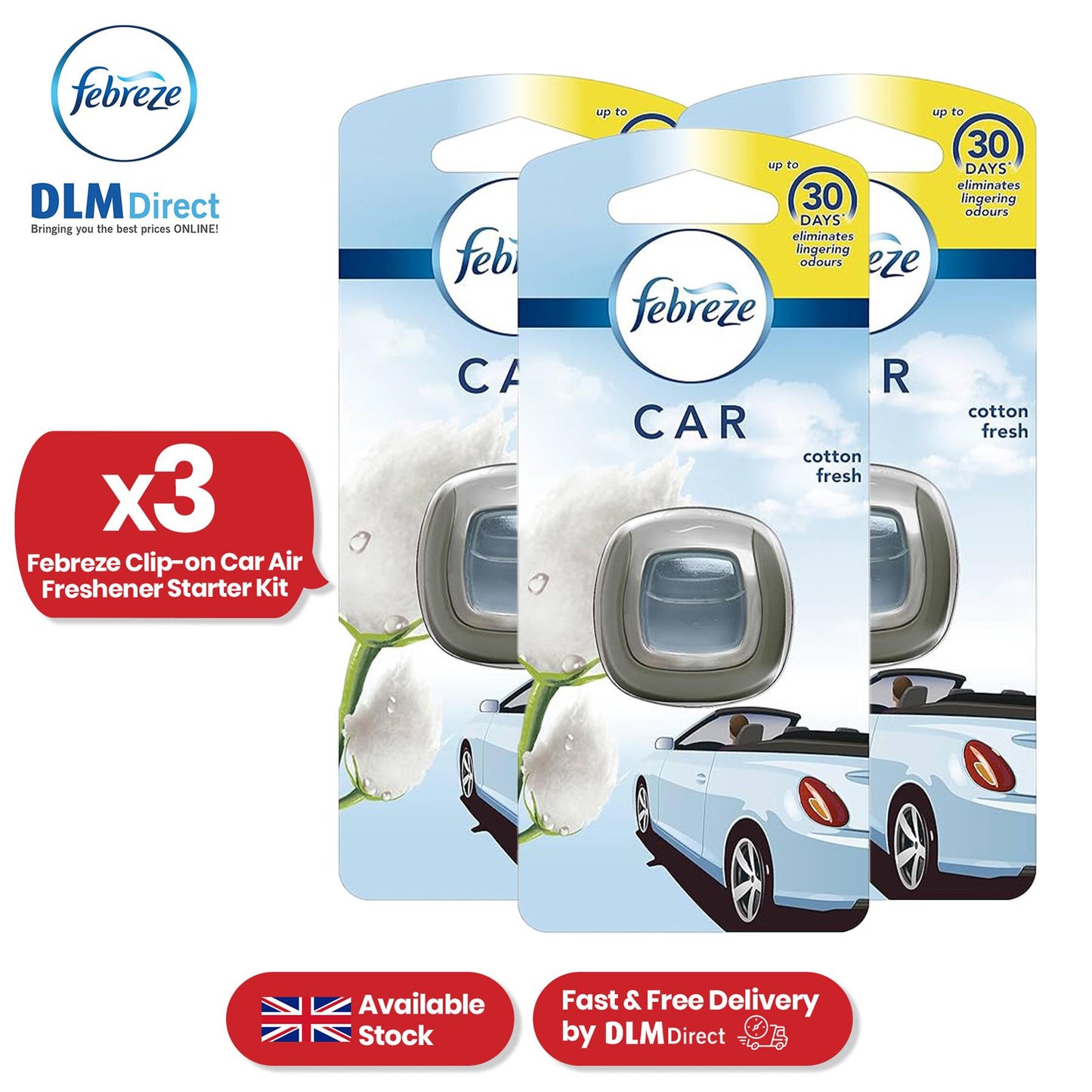 Febreze Clip-On Car Air Freshener - 2ml Cotton Fresh Gel Air Freshener for Bad Smell (Pack of 3)