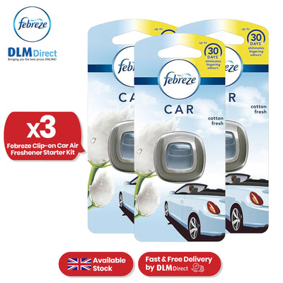 Febreze Clip-On Car Air Freshener - 2ml Cotton Fresh Gel Air Freshener for Bad Smell (Pack of 3)