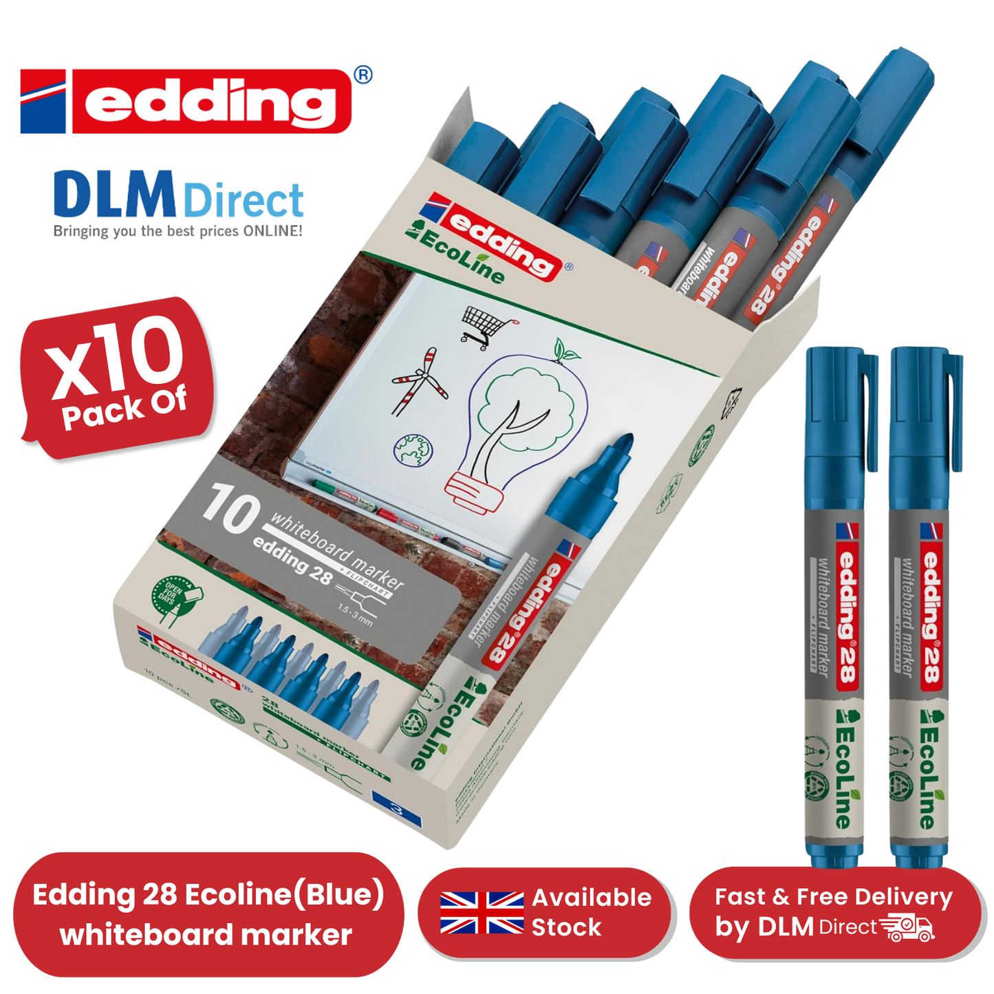 edding 28 Ecoline whiteboard marker - blue - box of 10 whiteboard pens-Pack 2-36
