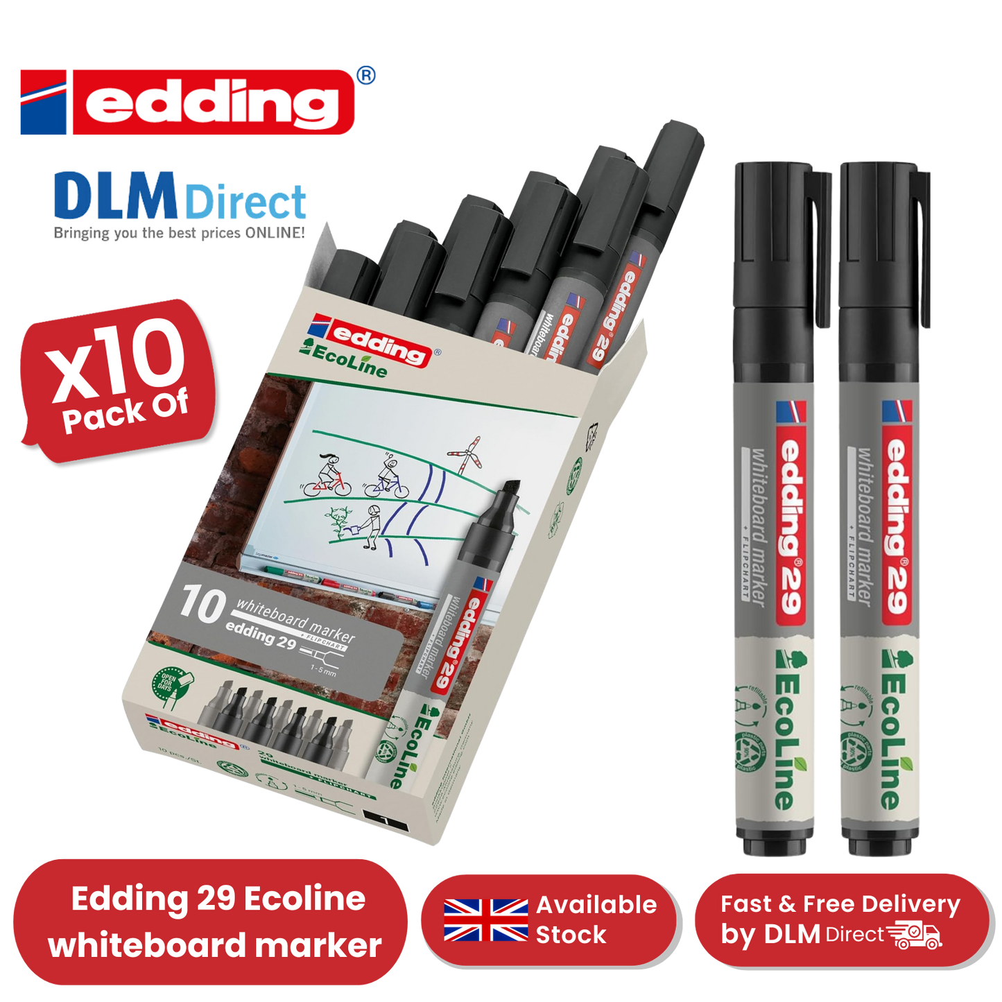 edding 29 Ecoline whiteboard marker - black - box of 10 whiteboard pens - 2-36