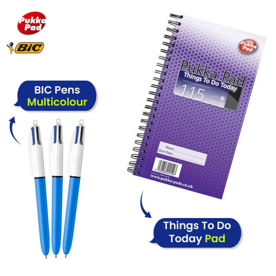 BIC 4 Colour Pen Medium Point 6 Pens - 2x Pukka Pad Daily Things To Do Today Planner Notepads