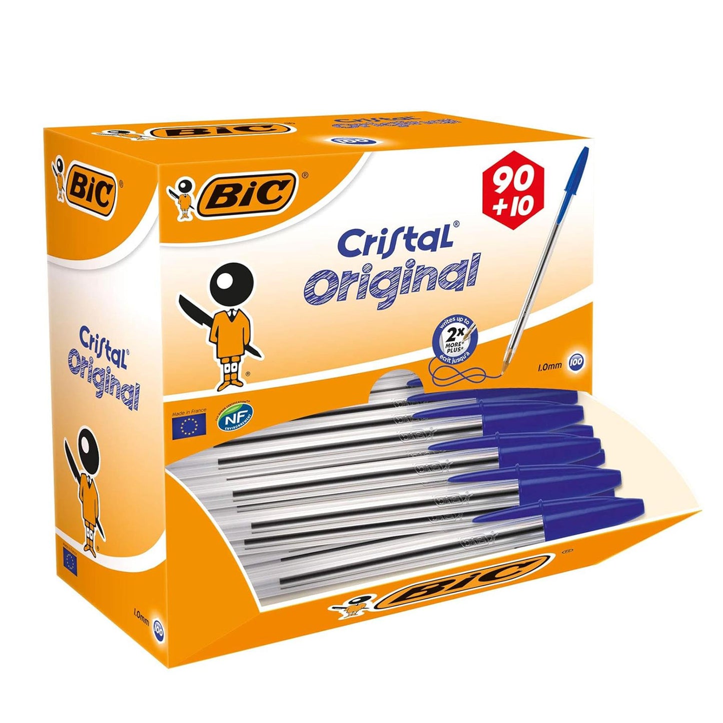 BIC Cristal Original Ballpoint Pens with Blue Ink and 1.0mm Medium Tip for Daily Writing Pack of 100