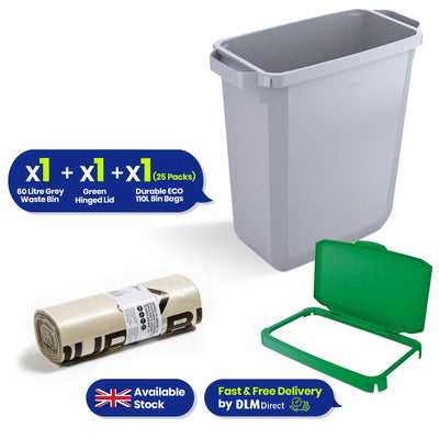 DURABIN 60L Grey Bin Set and Green Hinged Lid with Paper Slot & 25x 110L Bin Bags