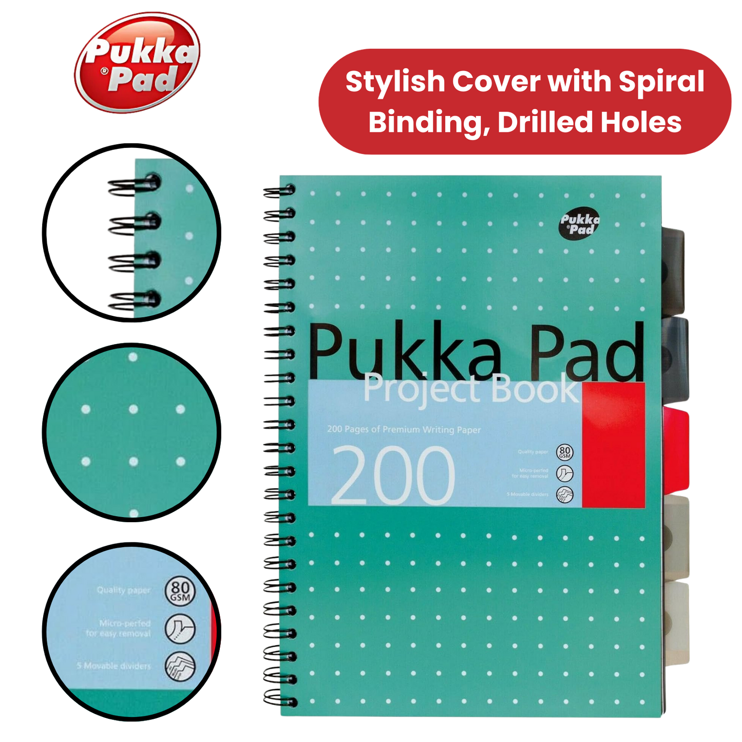 Pukka Pad White B5 Project Book 200 Pages Wirebound Project Book, Ruled/Margin