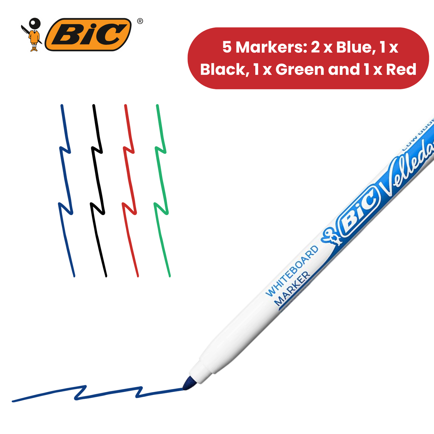 BIC Velleda 1721 Whiteboard Markers – 4+1 Pack, Assorted Colours, Smooth Writing