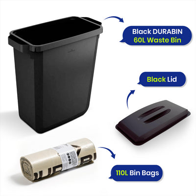 DURABIN 60L Black Bin Set and Black Lid and 25x 110L Recycled Bin Bags
