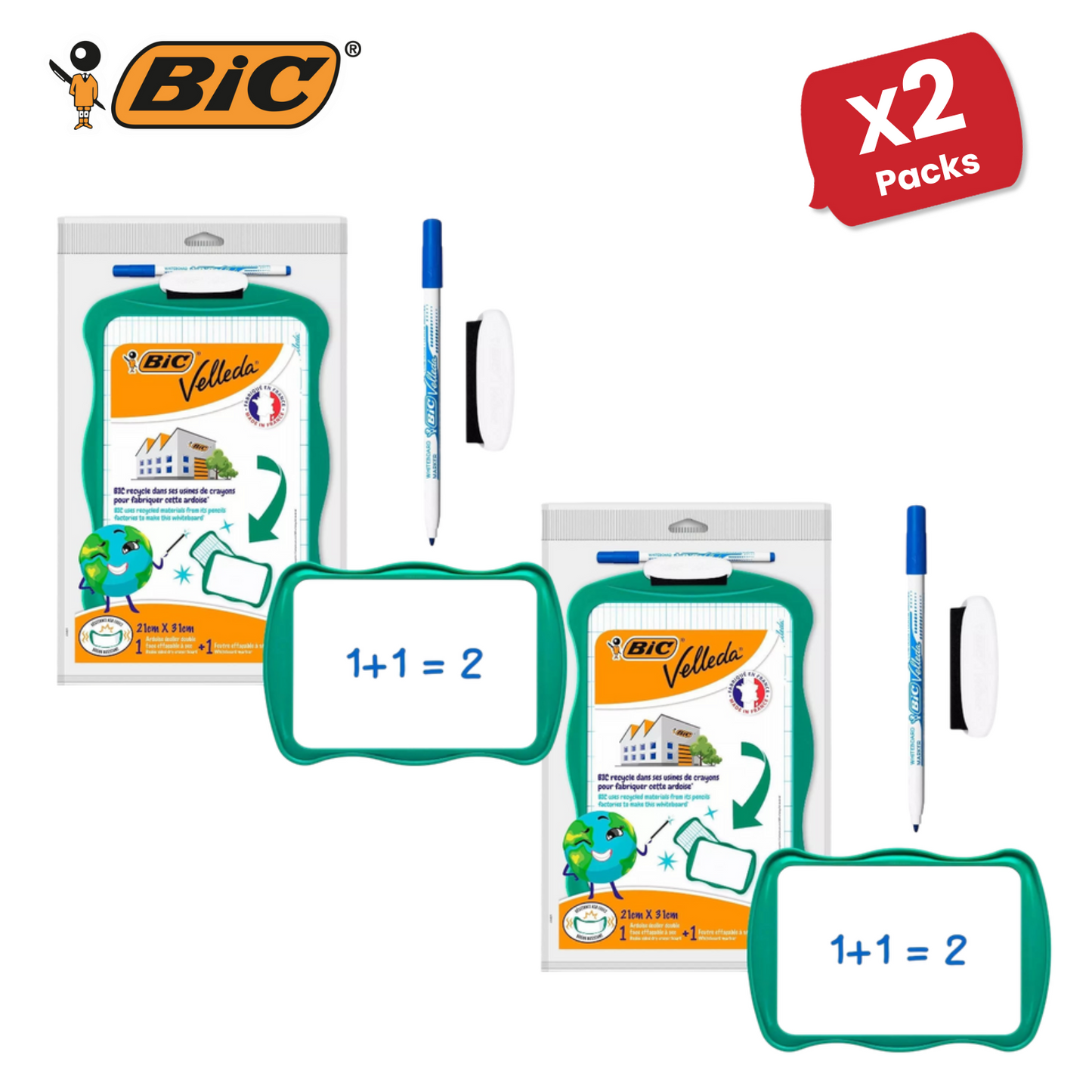 BIC Velleda Double-sided Whiteboard (21 x 31cm) with 2 Dry Erase Pens -2 to 36