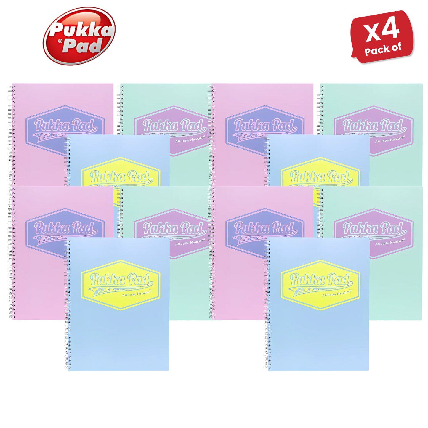 Pukka Pad Pastel Jotta Pad A4, Lined Notebook for School, Work & Notes Pack of 3
