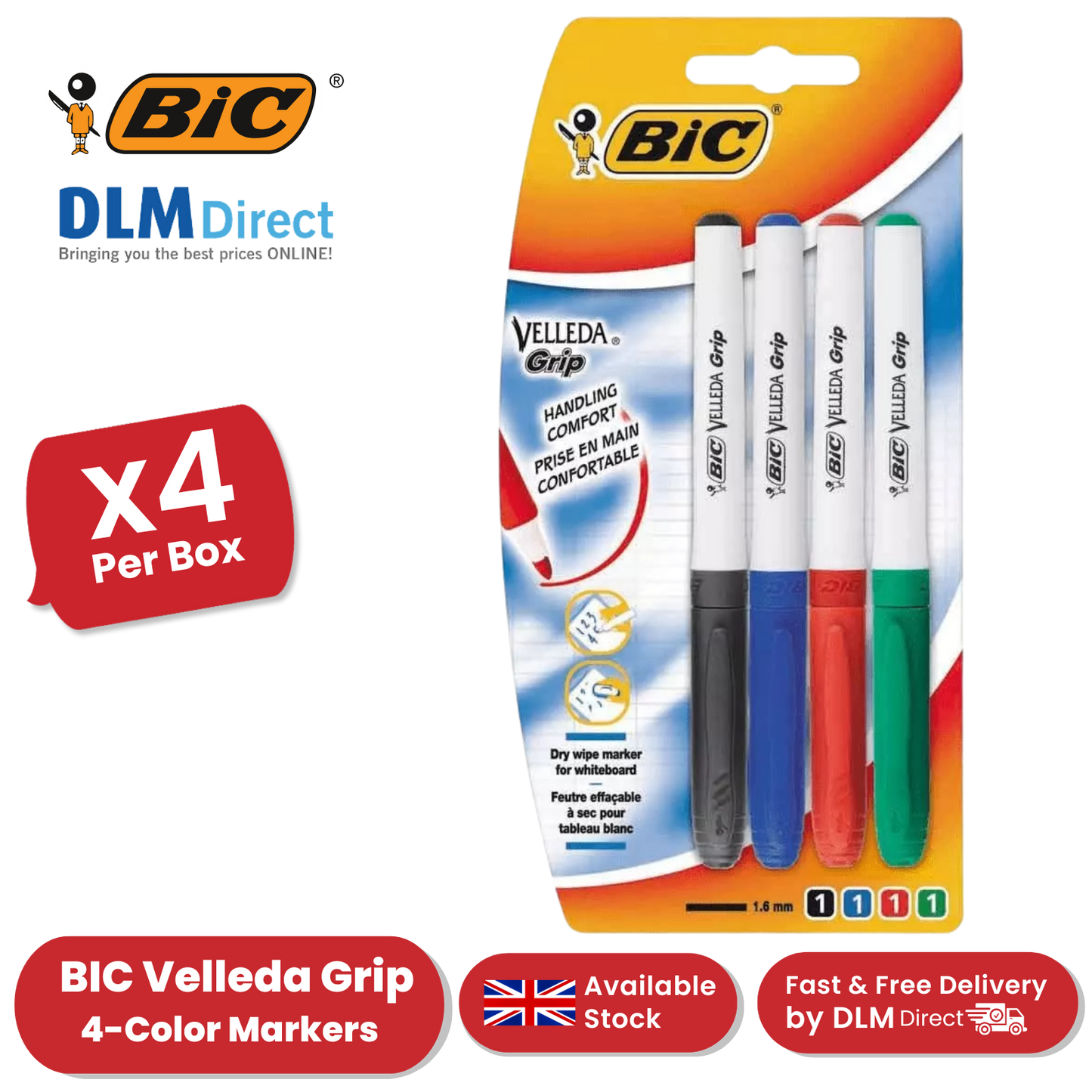 BIC Velleda Grip Whiteboard Markers Assorted - Pack of 4 - 1 to 5 Packs