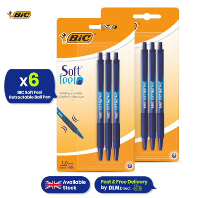 BIC Soft Feel Clic Grip Pens Pack of 6 Blue Ballpoint Pens with 1mm Tip