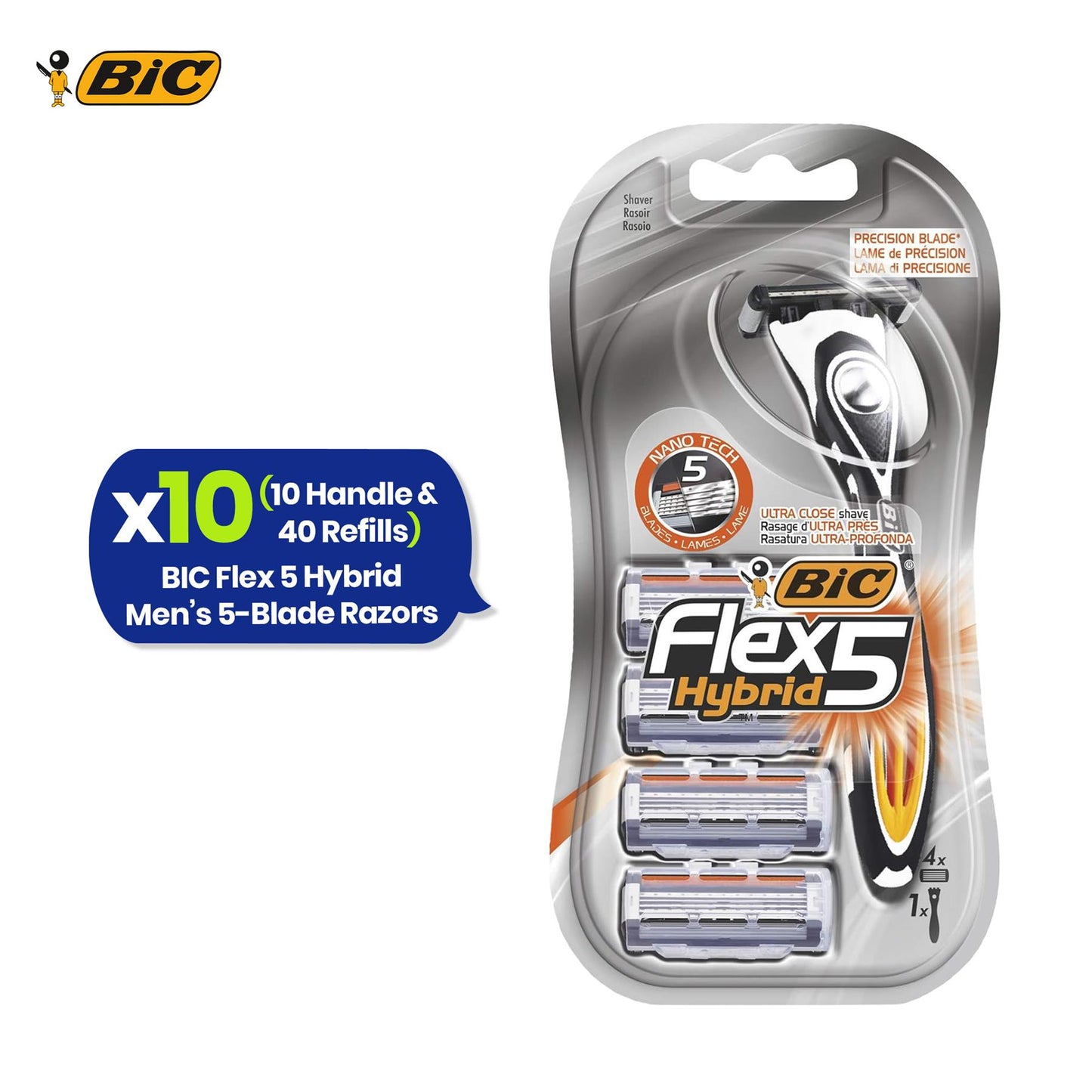 BIC Flex 5 Hybrid, Men's 5-Blade Razors, Precision Blade for Accuracy, Pack with 1 Handle and 4 Refills