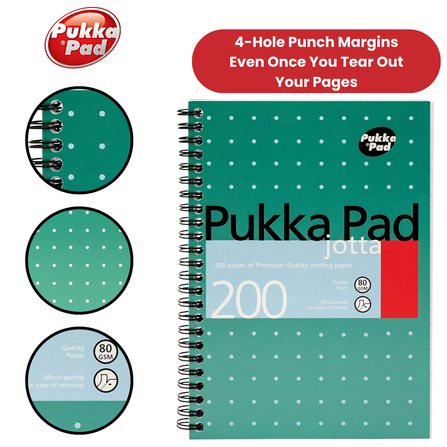 PUKKA WHITE A5 WIREBOUND PADS 200 page 80gsm (RULED/MARGIN) - PACK OF 1