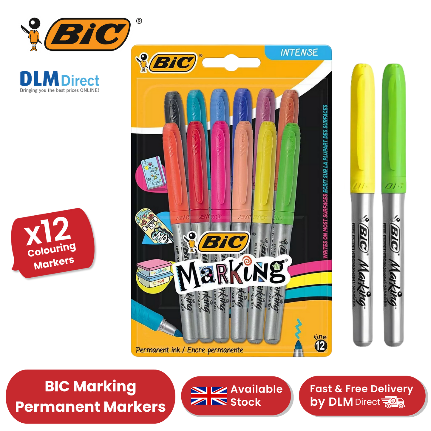 BIC PERMANENT MARKERS FINE ASSORTED - PACK OF 12