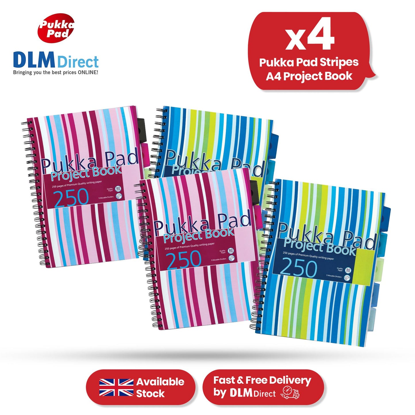 Pukka Pad Project Book - 250 Pages Assorted Colours Stripes A4 Notepad for School