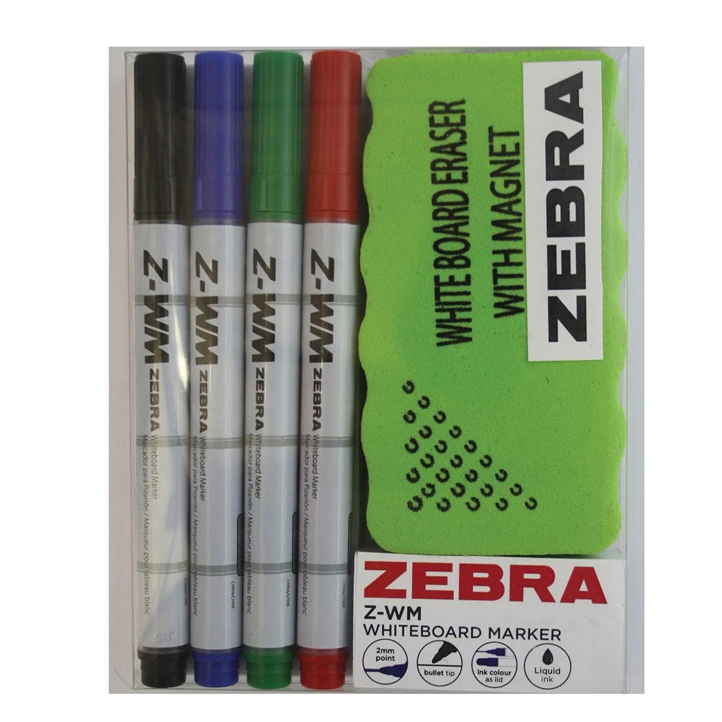 Zebra Whiteboard Pens 4 Pack with 2mm Bullet Tip and Magnetic Eraser for Daily Use