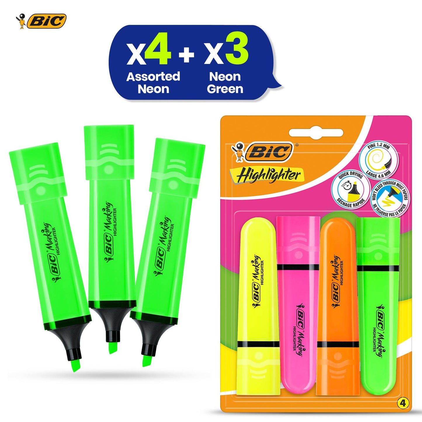 BIC Highlighter Flat Marker Neon Green Pack of 3 & 4x Assorted Chisel Tip Quick Dry