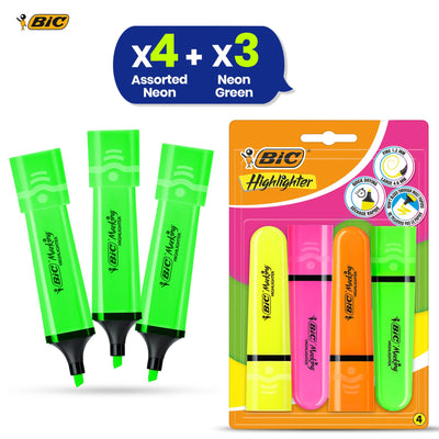 BIC Highlighter Flat Marker Neon Green Pack of 3 & 4x Assorted Chisel Tip Quick Dry