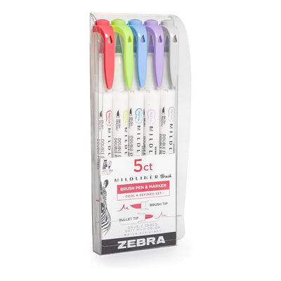 Zebra Mildliner Brush Highlighter - 5Pcs Dual Tip Pen, Assorted Colour Brush Pens for Colouring Book