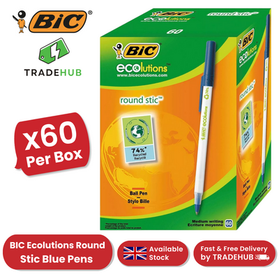BIC Ecolutions Round Stic Ballpoint Pens - Blue Ink, 1.0mm Tip - Box of 60